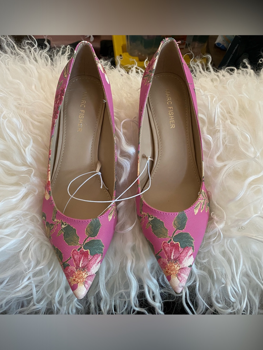 Marc Fisher Pink Floral Pointed-Toe Flats with Green Leaf Accents